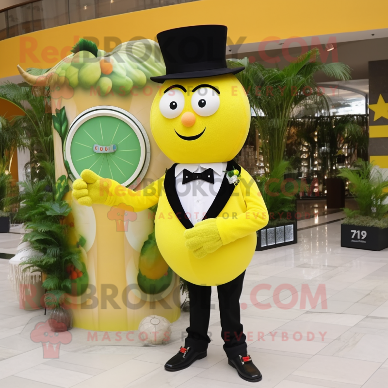 Lemon Yellow Watermelon mascot costume character dressed with a Tuxedo and Bracelet watches Lemon Yellow Watermelon mascot costume character dressed with a Tuxedo and Bracelet watches