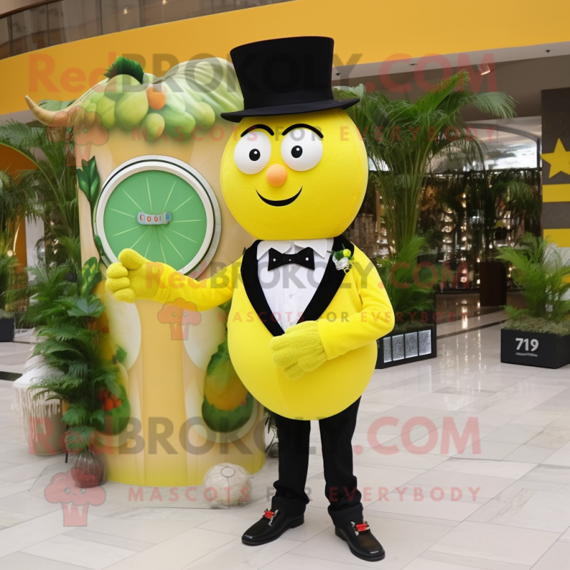 Lemon Yellow Watermelon mascot costume character dressed with a Tuxedo and Bracelet watches