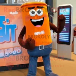 Orange Chocolate Bars mascot costume character dressed with a Jeans and Digital watches