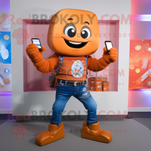 Orange Chocolate Bars mascot costume character dressed with a Jeans and Digital watches