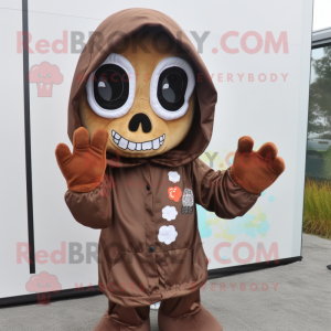 Brown Skull mascot costume character dressed with a Raincoat and Mittens