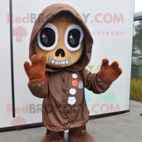 Brown Skull mascot costume character dressed with a Raincoat and Mittens