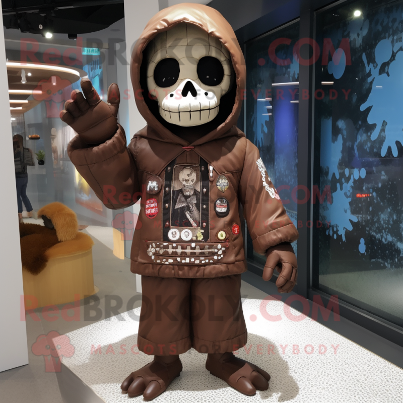 Brown Skull mascot costume character dressed with a Raincoat and Mittens