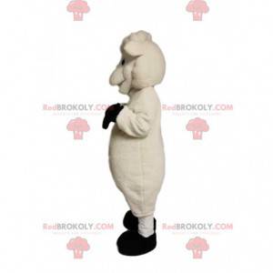 Mascotte delle pecore bianche molto sorridente. Costume da