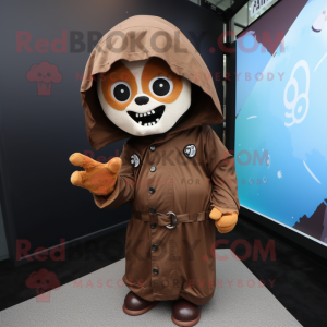 Brown Skull mascot costume character dressed with a Raincoat and Mittens