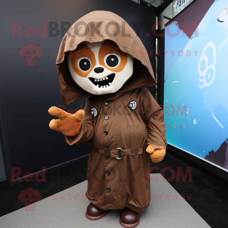 Brown Skull mascot costume character dressed with a Raincoat and Mittens Brown Skull mascot costume character dressed with a Raincoat and Mittens