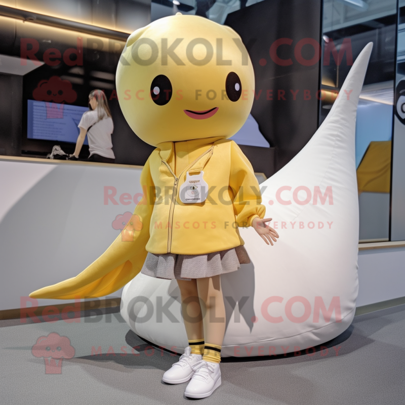 Gold Narwhal mascot costume character dressed with a Mini Skirt and Shoe laces Gold Narwhal mascot costume character dressed with a Mini Skirt and Shoe laces