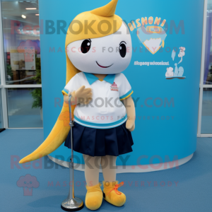 Gold Narwhal mascot costume character dressed with a Mini Skirt and Shoe laces