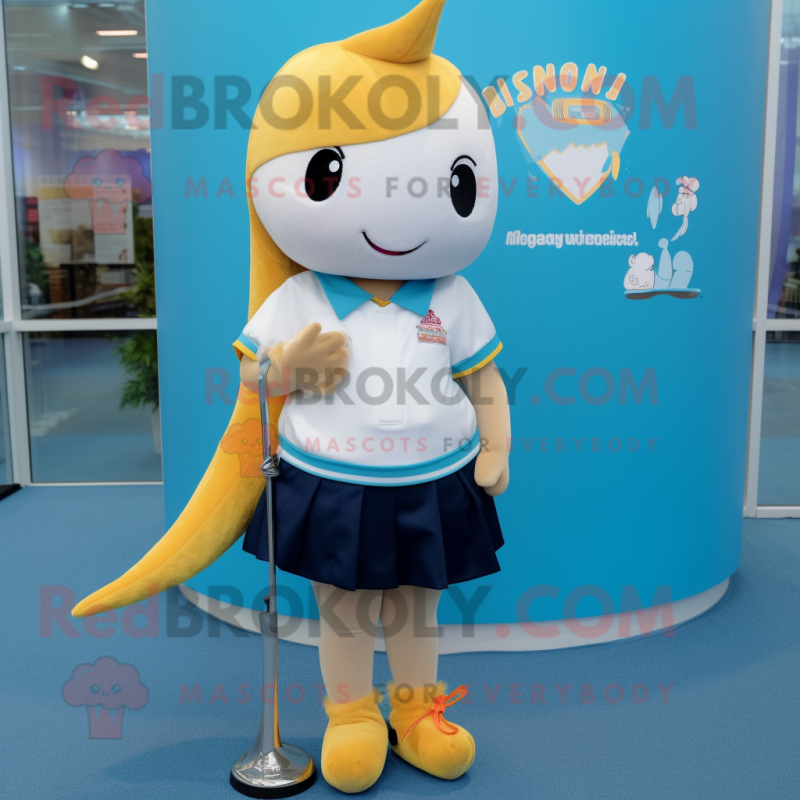 Gold Narwhal mascot costume character dressed with a Mini Skirt and Shoe laces