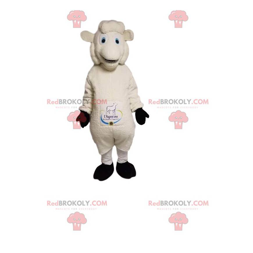 Mascote de ovelha branca muito sorridente. Fantasia de ovelha -