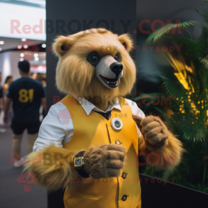 Gold Sloth Bear mascot costume character dressed with a Waistcoat and Smartwatches