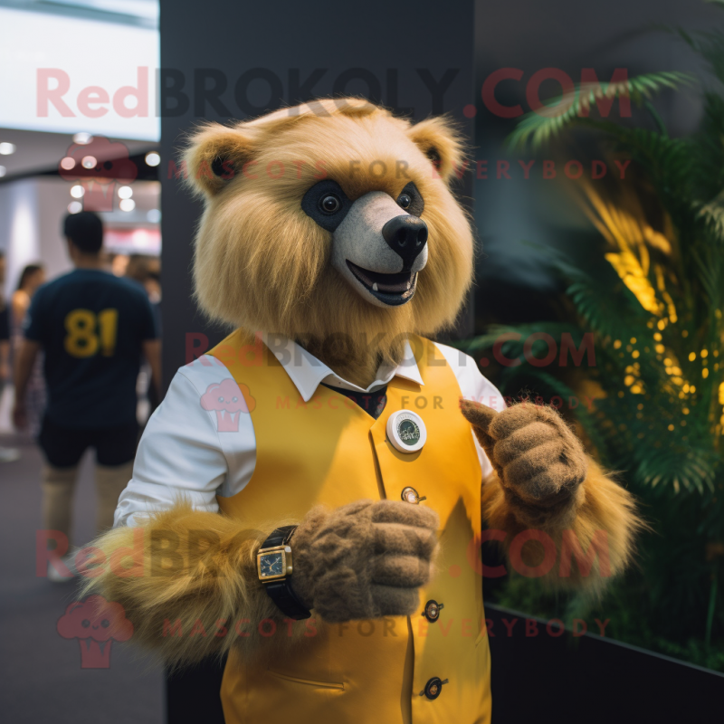 Gold Sloth Bear mascot costume character dressed with a Waistcoat and Smartwatches