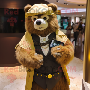 Gold Sloth Bear mascot costume character dressed with a Waistcoat and Smartwatches