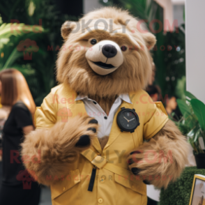 Gold Sloth Bear mascot costume character dressed with a Waistcoat and Smartwatches