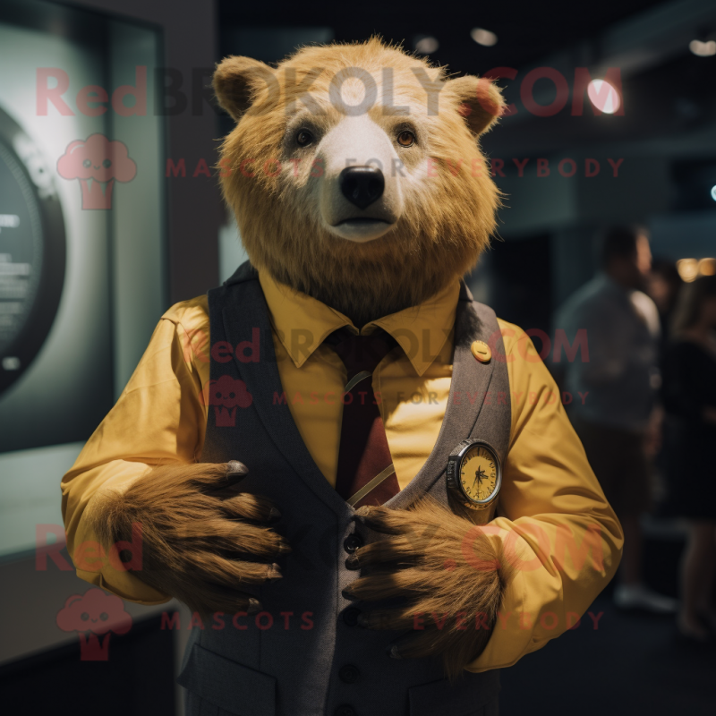 Gold Sloth Bear mascot costume character dressed with a Waistcoat and Smartwatches Gold Sloth Bear mascot costume character dressed with a Waistcoat and Smartwatches