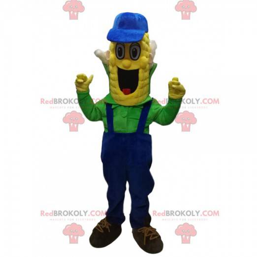 Divertente mascotte di mais con tuta blu. Costume di mais -