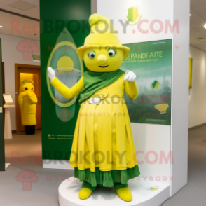 Lemon Yellow Irish Flag mascot costume character dressed with a Empire Waist Dress and Watches