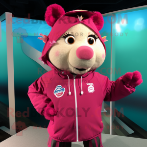 Magenta Sow mascot costume character dressed with a Windbreaker and Brooches