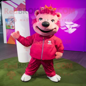 Magenta Sow mascot costume character dressed with a Windbreaker and Brooches