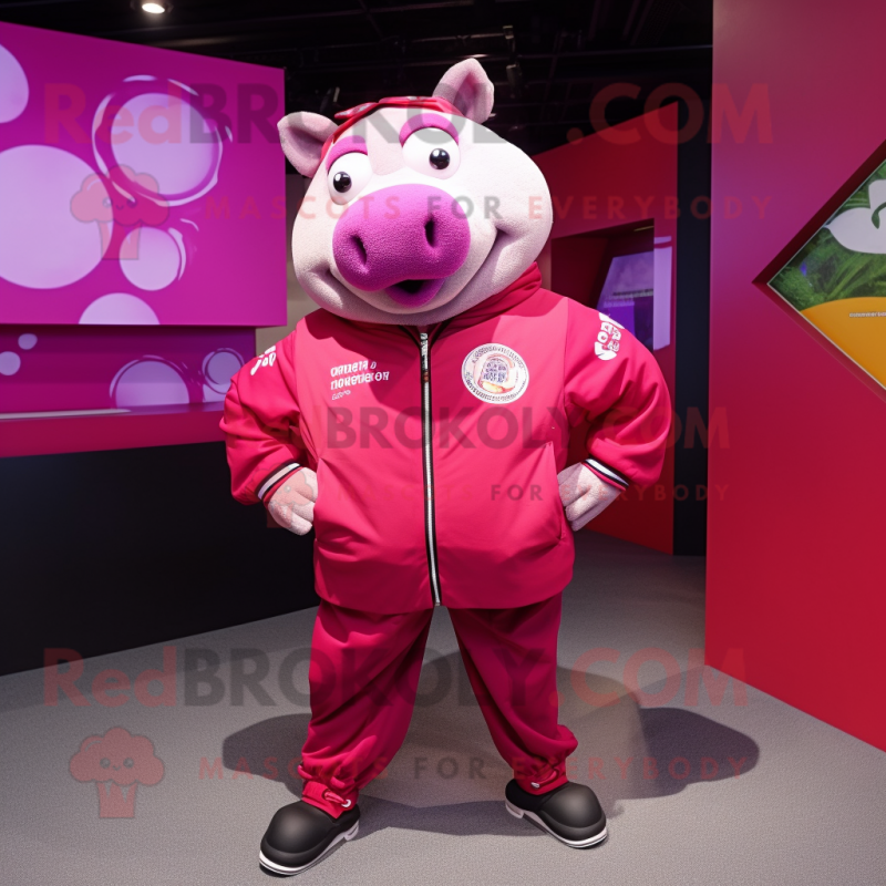 Magenta Sow mascot costume character dressed with a Windbreaker and Brooches