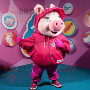 Magenta Sow mascot costume character dressed with a Windbreaker and Brooches