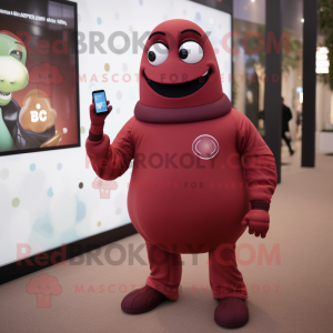 Maroon Pear mascot costume character dressed with a Turtleneck and Smartwatches