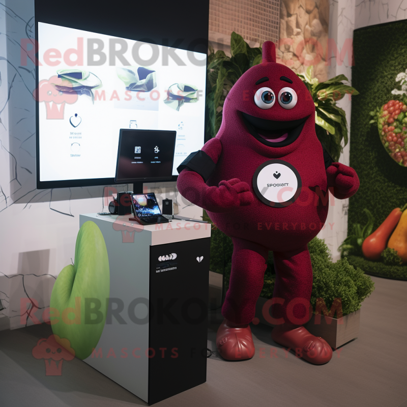 Maroon Pear mascot costume character dressed with a Turtleneck and Smartwatches Maroon Pear mascot costume character dressed with a Turtleneck and Smartwatches