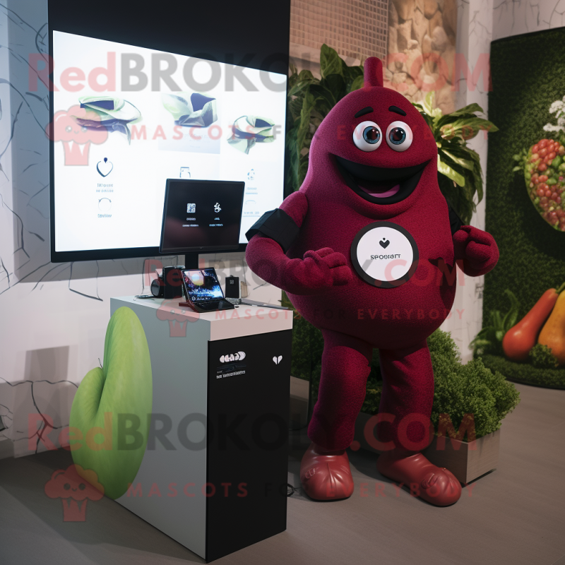 Maroon Pear mascot costume character dressed with a Turtleneck and Smartwatches