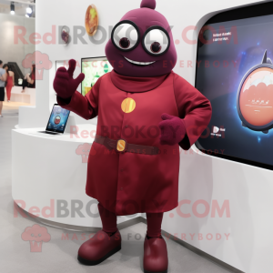 Maroon Pear mascot costume character dressed with a Turtleneck and Smartwatches