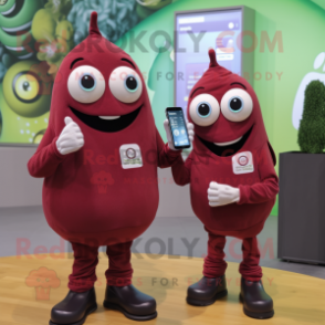 Maroon Pear mascot costume character dressed with a Turtleneck and Smartwatches