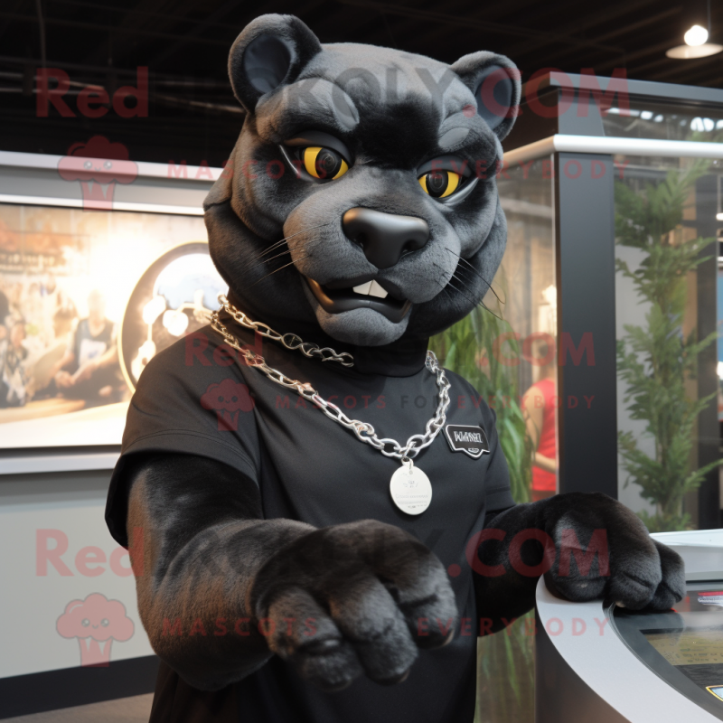 Black Puma mascot costume character dressed with a Button-Up Shirt and Bracelets Black Puma mascot costume character dressed with a Button-Up Shirt and Bracelets