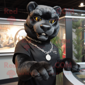 Black Puma mascot costume character dressed with a Button-Up Shirt and Bracelets