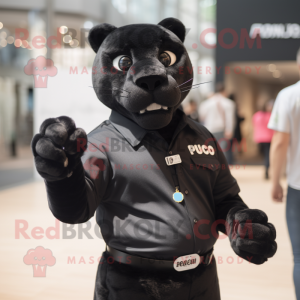 Black Puma mascot costume character dressed with a Button-Up Shirt and Bracelets