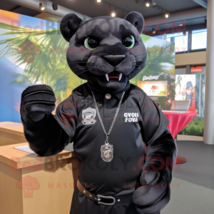 Black Puma mascot costume character dressed with a Button-Up Shirt and Bracelets