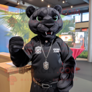 Black Puma mascot costume character dressed with a Button-Up Shirt and Bracelets