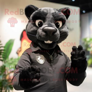 Black Puma mascot costume character dressed with a Button-Up Shirt and Bracelets