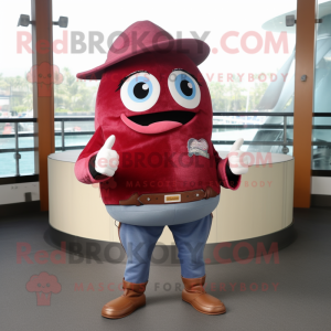 Maroon Tuna mascot costume character dressed with a Flare Jeans and Belts