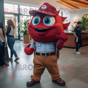 Maroon Tuna mascot costume character dressed with a Flare Jeans and Belts