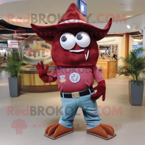 Maroon Tuna mascot costume character dressed with a Flare Jeans and Belts
