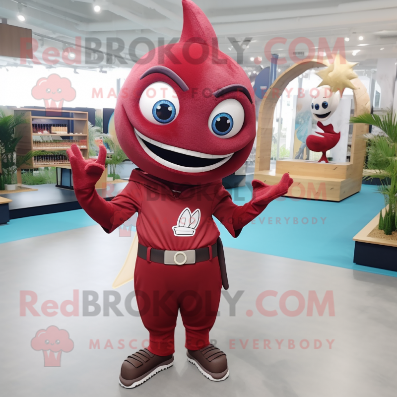 Maroon Tuna mascot costume character dressed with a Flare Jeans and Belts