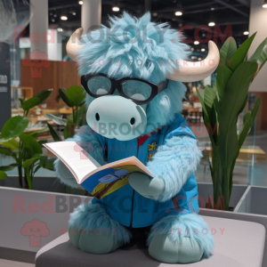 Sky Blue Yak mascot costume character dressed with a Cargo Pants and Reading glasses