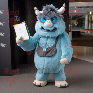 Sky Blue Yak mascot costume character dressed with a Cargo Pants and Reading glasses