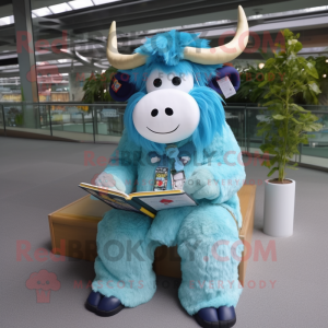 Sky Blue Yak mascot costume character dressed with a Cargo Pants and Reading glasses