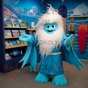 Cyan Wizard mascot costume character dressed with a Swimwear and Hair clips