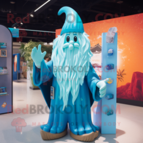 Cyan Wizard mascot costume character dressed with a Swimwear and Hair clips