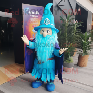 Cyan Wizard mascot costume character dressed with a Swimwear and Hair clips