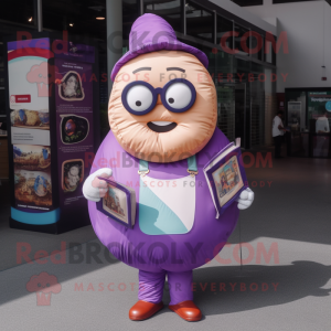 Purple Donut mascot costume character dressed with a Overalls and Reading glasses