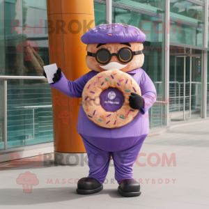 Purple Donut mascot costume character dressed with a Overalls and Reading glasses