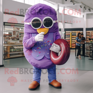 Purple Donut mascot costume character dressed with a Overalls and Reading glasses