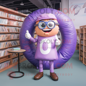 Purple Donut mascot costume character dressed with a Overalls and Reading glasses